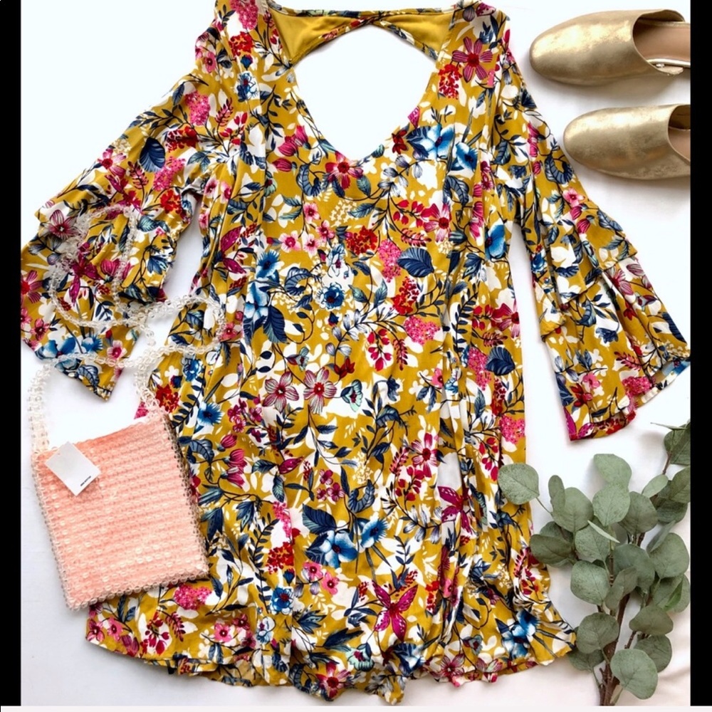 Entro Mustard Yellow Floral Boho Dress